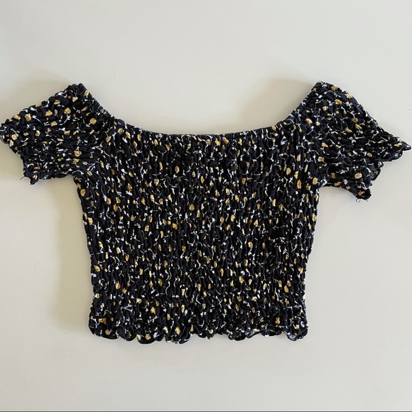 Topshop Tops - TOPSHOP FLORAL OFF THE SHOULDER RUCHED CROP TOP